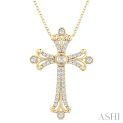 1/3 Ctw Cross Round Cut Diamond Fashion Pendant With Chain in 14K Yellow Gold