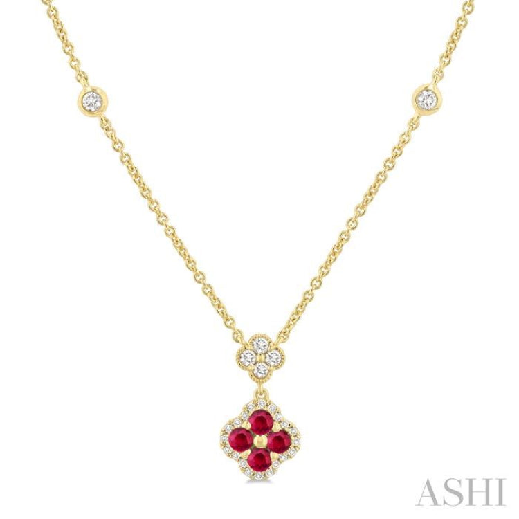 2.4 MM Round Shape Ruby and 1/4 Ctw Clover Round Cut Diamond Station Necklace in 14K Yellow Gold