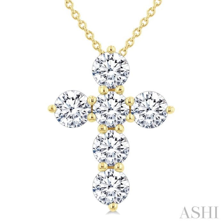 1 1/2 Ctw Round Cut Diamond Christian Cross 6-Stone Fashion Pendant With Chain in 14K Yellow Gold