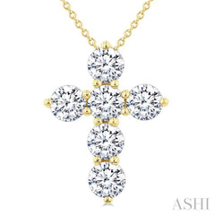 2 Ctw Round Cut Diamond Christian Cross 6-Stone Fashion Pendant With Chain in 14K Yellow Gold
