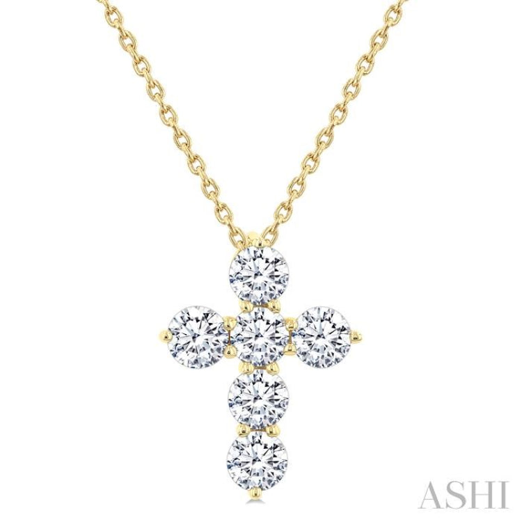 1 Ctw Round Cut Diamond Christian Cross 6-Stone Fashion Pendant With Chain in 14K Yellow Gold