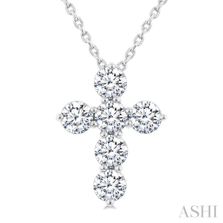 3/4 Ctw Round Cut Diamond Christian Cross 6-Stone Fashion Pendant With Chain in 14K White Gold