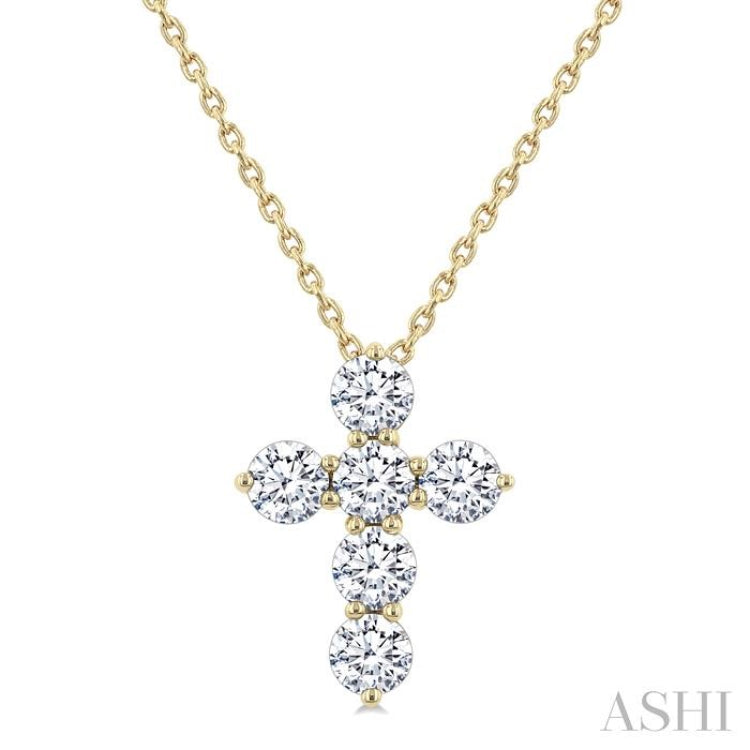 3/4 Ctw Round Cut Diamond Christian Cross 6-Stone Fashion Pendant With Chain in 14K Yellow Gold