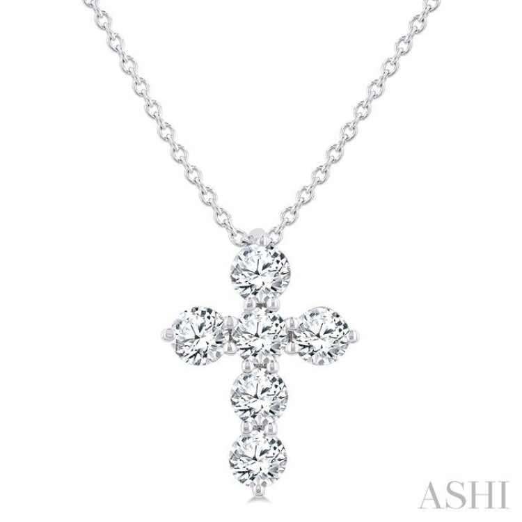 1/2 Ctw Round Cut Diamond Christian Cross 6-Stone Fashion Pendant With Chain in 14K White Gold