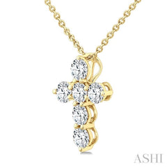 1/2 Ctw Round Cut Diamond Christian Cross 6-Stone Fashion Pendant With Chain in 14K Yellow Gold