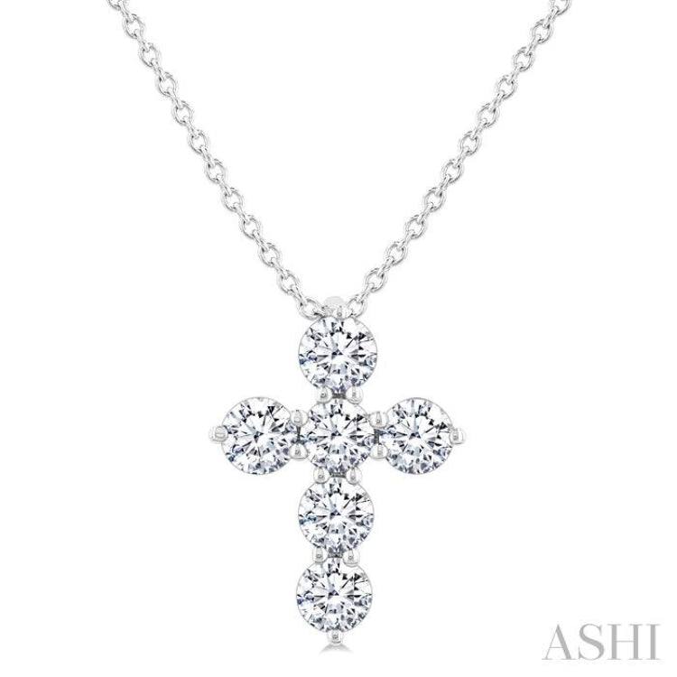 1/2 Ctw Round Cut Diamond Christian Cross 6-Stone Fashion Pendant With Chain in 14K White Gold
