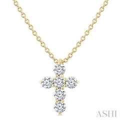 1/4 Ctw Round Cut Diamond Christian Cross 6-Stone Fashion Pendant With Chain in 14K Yellow Gold
