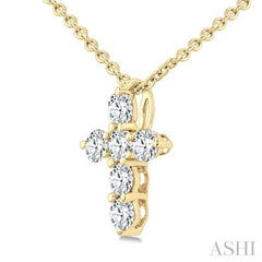 1/4 Ctw Round Cut Diamond Christian Cross 6-Stone Fashion Pendant With Chain in 14K Yellow Gold