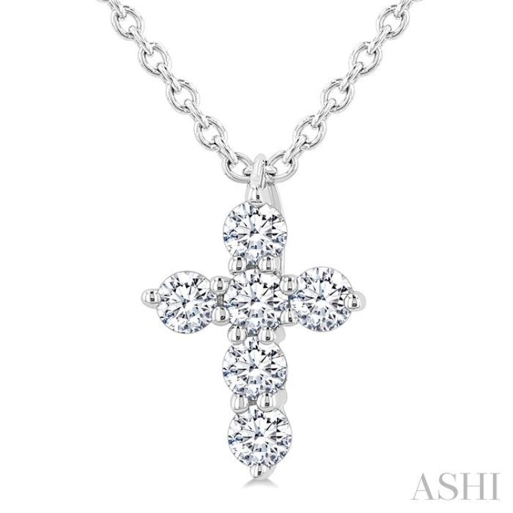 1/6 Ctw Round Cut Diamond Christian Cross 6-Stone Fashion Pendant With Chain in 14K White Gold
