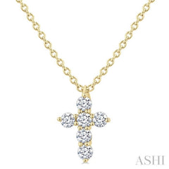 1/6 Ctw Round Cut Diamond Christian Cross 6-Stone Fashion Pendant With Chain in 14K Yellow Gold