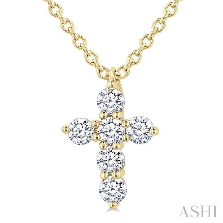 1/6 Ctw Round Cut Diamond Christian Cross 6-Stone Fashion Pendant With Chain in 14K Yellow Gold