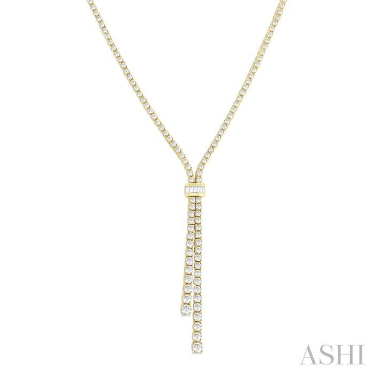 5 Ctw Split Y-Shape Baguette and Round Cut Diamond Lariat Necklace in 14K Yellow Gold