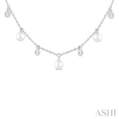 4 MM Round Shape Cultured Pearl and 1/4 Ctw Round Cut Diamond Station Necklace in 14K White Gold