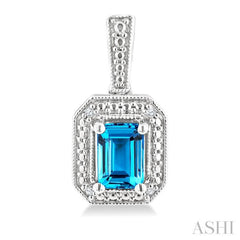 6X4 MM Octagon Shape Blue Topaz and 1/50 Ctw Single Cut Diamond Semi-Precious Earrings in Sterling Silver