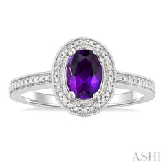 7x5 MM Oval Shape Amethyst and 1/50 Ctw Single Cut Diamond Semi-precious Ring in Sterling Silver