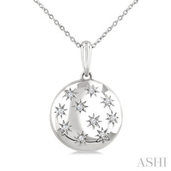 1/10 Ctw Bold Star Engraved Puffed Round Single Cut Diamond Pendant With Chain in Sterling Silver