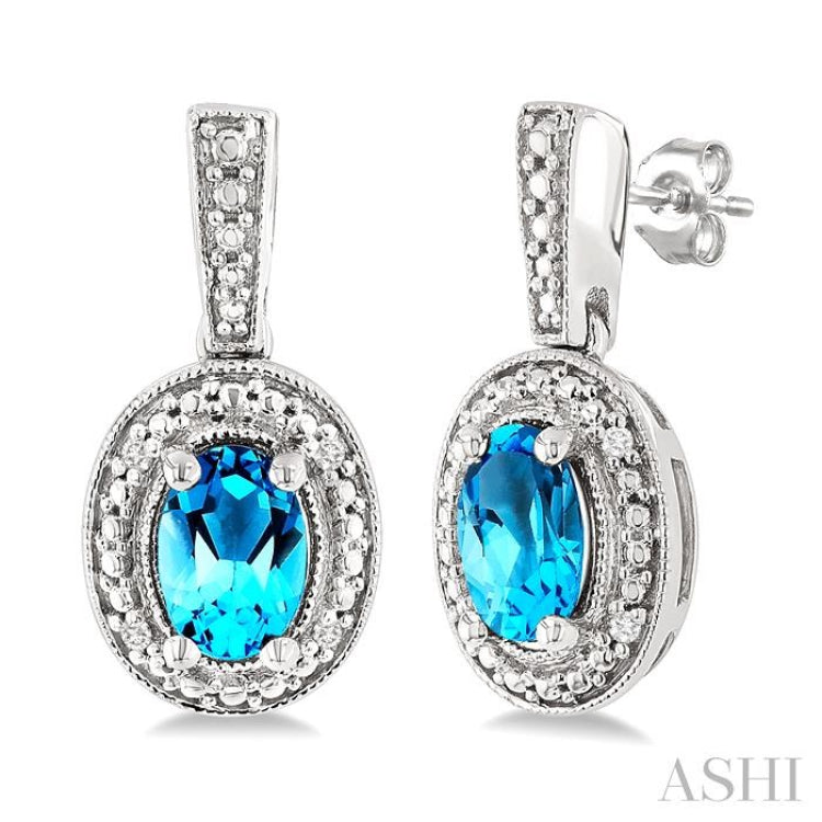 6X4 MM Oval Shape Blue Topaz and 1/50 Ctw Single Cut Diamond Semi-Precious Earrings in Sterling Silver