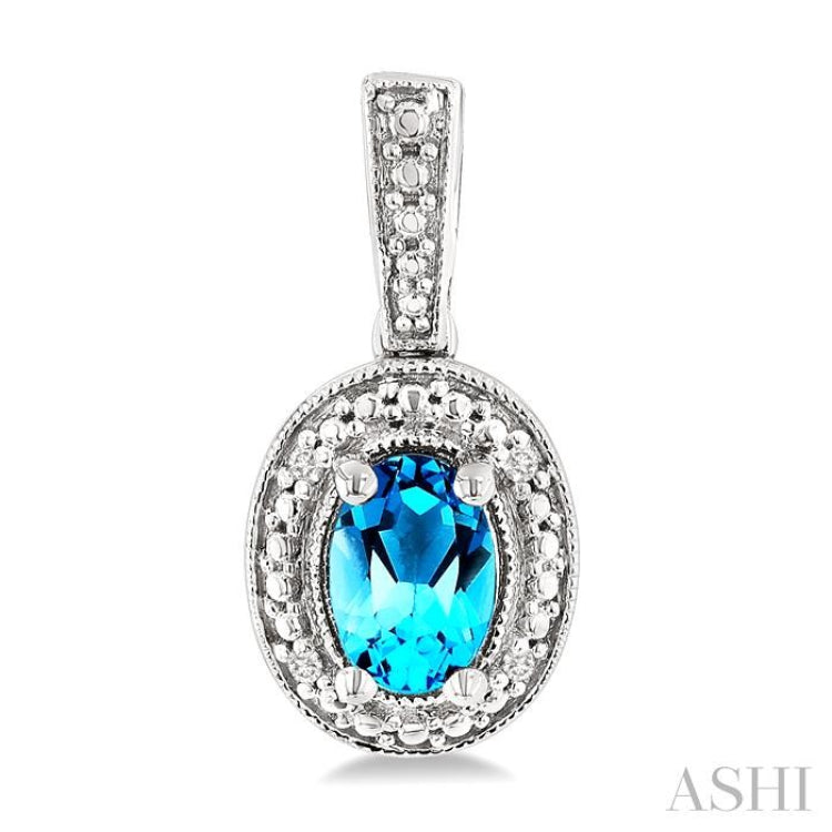 6X4 MM Oval Shape Blue Topaz and 1/50 Ctw Single Cut Diamond Semi-Precious Earrings in Sterling Silver