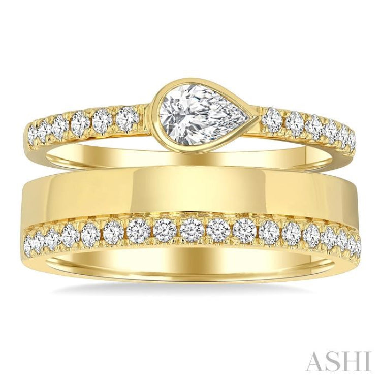 3/4 Ctw Split Twin Row Bezel Set Pear and Round Cut Diamond Fashion Ring in 14K Yellow Gold